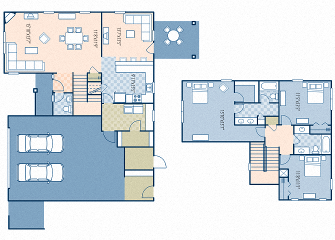 Floor plan for 3 beds, 2.5 baths, 1517 sqft